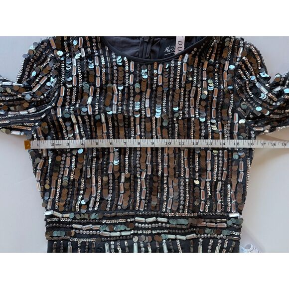 NWT Mac Duggal Embellished High Neck Long Sleeve Fitted Dress in Charcoal Gray 4 - Picture 14 of 16